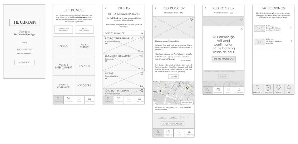The Curtain app - wireframes
